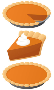 Vector illustration of a pumpkin pie: a whole pie, a slice, and a whole pie with a slice missing.