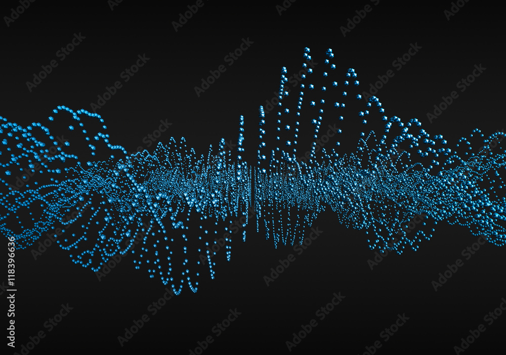 Poster abstract 3d rendering of waves with particles on black background. futuristic background with lines 