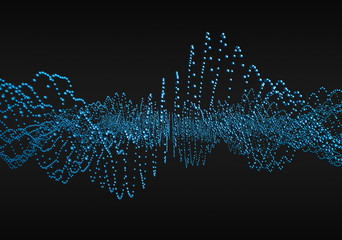Abstract 3d rendering of waves with particles on black background. Futuristic background with lines of many low poly spheres. Design for poster, cover, banner, placard