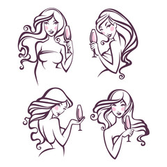 beautiful girls, drinking glass of champagne