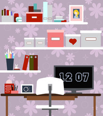 Workplace of girl with the desk, chair, books, watches and other items. Vector
