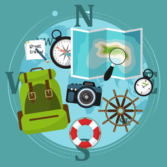 Set of travel accessories with backpack, compass, map and other items. Vector