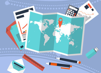 Desk with trip planning and calculation of costs. Graphs, accounting. Vector