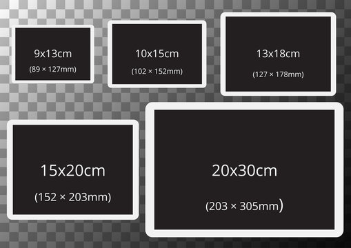 Photo frames with standard photo sizes on transparent A2 sized background. Vector.