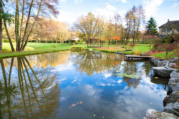 Fototapeta na wymiar autumn scenery with pond and trees