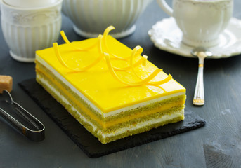 Copyright opera cake with pistachio and passion fruit.