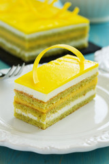 Copyright opera cake with pistachio and passion fruit.