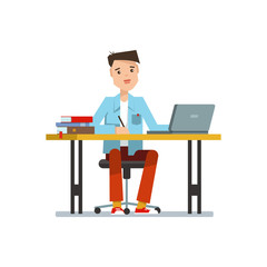 Young school boy sitting at the table with laptop. Vector illustration of education concept
