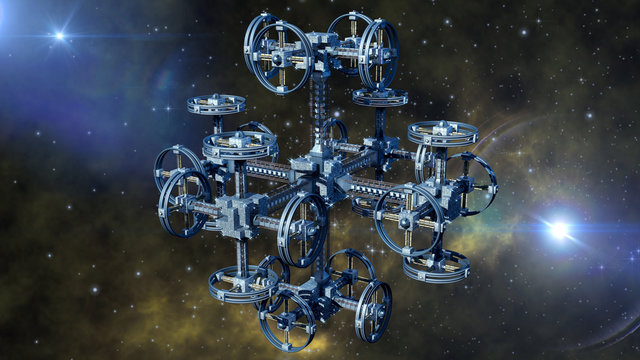 3d Illustration of an alien spaceship with multiple gravitational wheels in interstellar travel for games, futuristic deep space travel or science fiction backgrounds