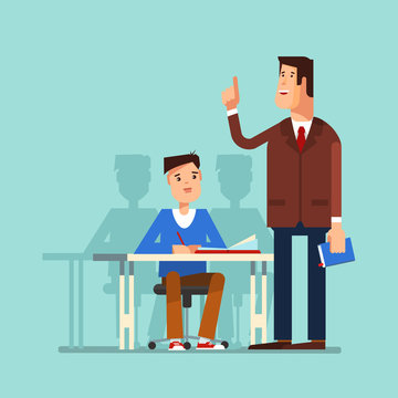 Vector illustration of a school boy sitting at a school desk and teacher in the classroom. The teacher teaches a lesson for students or school boyon a blue background. The design concept of education
