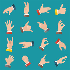 Open empty hands showing different gestures. 16 icons set isolated. Vector hand illustration