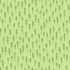 Doodle Nature Seamless Pattern. Repetitive Texture with Hand Drawn Fir Trees. Vector Baby Background. Ready Swatch Included in File