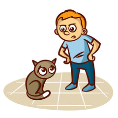 Child Scolds Cat Vector Illustration