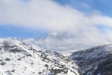beautiful Tien-Shan mountains in the snow. in winter