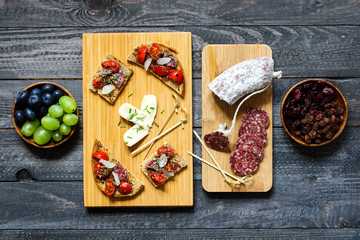 Italian bruschetta made with toasted slices of bread with cherry