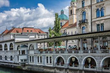 Fototapeta na wymiar Market on Ljubljanica river embankment. Ljubljana, Slovenia.