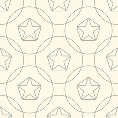 Stars of grey lined triangles and circles. Seamless pattern.