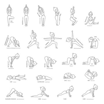 Yoga basic poses with names outline vector set with woman.