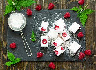 Homemade marshmallows with raspberry. Selective focus.