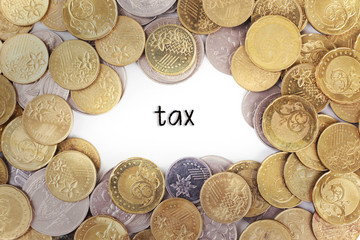 Background of the gold coin with word tax in the middle.