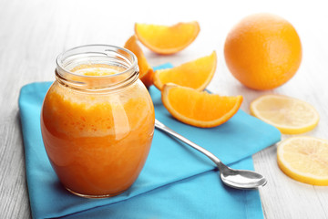 Fresh fruit cocktail on blue napkin