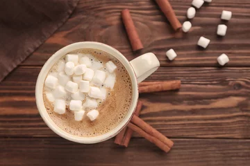 Poster Cup of hot chocolate with marshmallows on table © Africa Studio