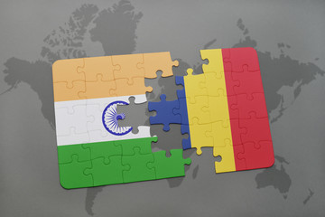 puzzle with the national flag of india and chad on a world map background.