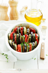 Tian, roasted vegetables in the oven. ratatouille.