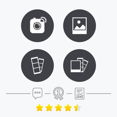 Photo camera icon. Flash light and landscape.