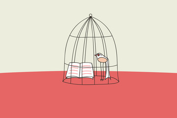 Bird with glasses reading a book in cage, freedom in books concept