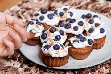 Hand holding blueberry muffin.