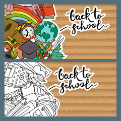 Set of back to school banners with school supplies, chalkboard and calligraphy lettering. Vector illustrations.