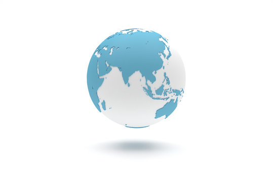 Highly detailed 3D planet Earth globe with blue continents in relief and white oceans, centered in Asia