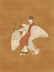 Aphrodite riding a goose holding a plant, based on ancient greek pottery and ceramics red-figure