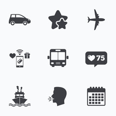 Transport icons. Car, Airplane, Bus and Ship.