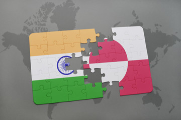puzzle with the national flag of india and greenland on a world map background.