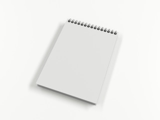 White Notebook mock up with clean blank for design and advertising. Notepad with chromed spring and free copy space template. On the white light background. 3d illustration perspective view