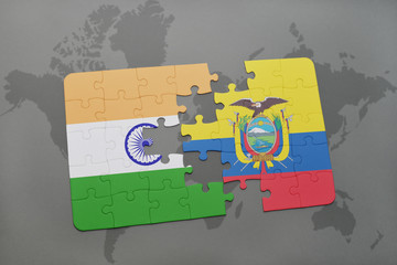 puzzle with the national flag of india and ecuador on a world map background.