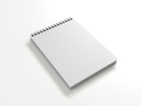 White Notebook mock up with clean blank for design and advertising. Notepad with chromed spring and free copy space template. On the white light background. 3d illustration perspective view