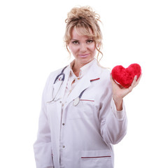 Female cardiologist with red heart.