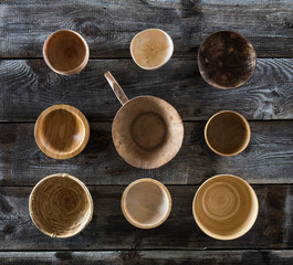 Obraz na płótnie Canvas top view, design collection of bowls set on genuine wood