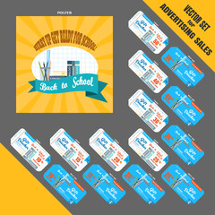 Vector set for advertising Back to school sales with poster and gift vouchers on the gray background.