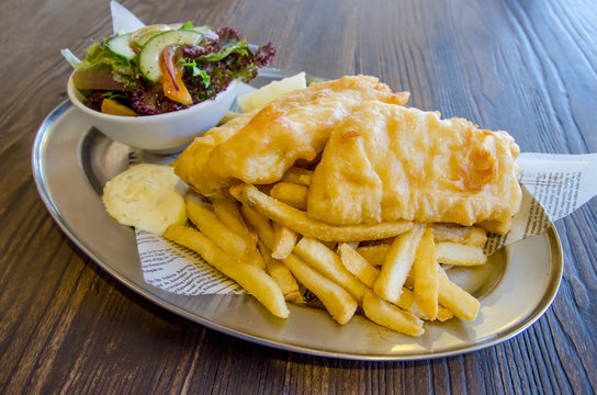 Fish and Chips with salad.