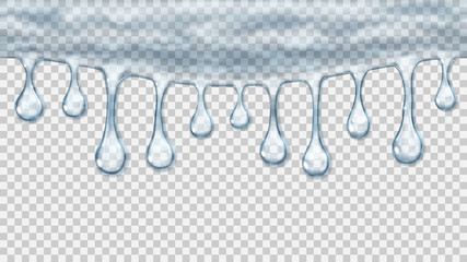 Flowing or hanging transparent seamless repeatable drops. Transparency only in vector file