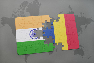 puzzle with the national flag of india and romania on a world map background.