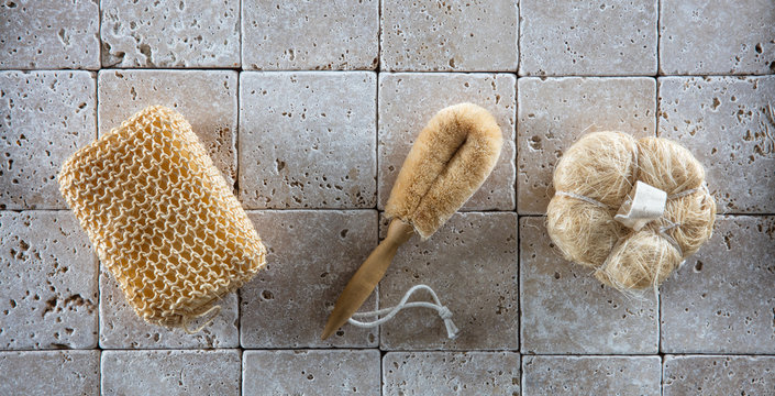 Dry Brushing For Pampering Massage Over Clean Background, Flat Lay