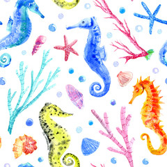 Seahorse, shell, starfish, coral and bubbles seamless pattern.Underwater world image on a white background.Watercolor hand drawn illustration.