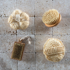 still-life with loofah sponges, Swedish brush and nail brush