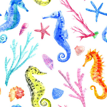 Seahorse, shell, starfish and coral seamless pattern.Underwater world image on a white background.Watercolor hand drawn illustration.