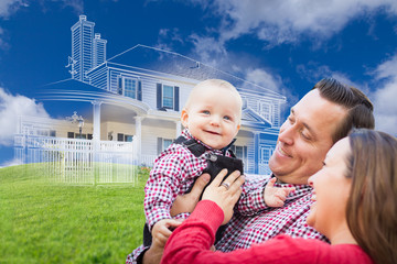 Happy Young Family with Ghosted House Drawing, Partial Photo and Rolling Green Hills Behind.